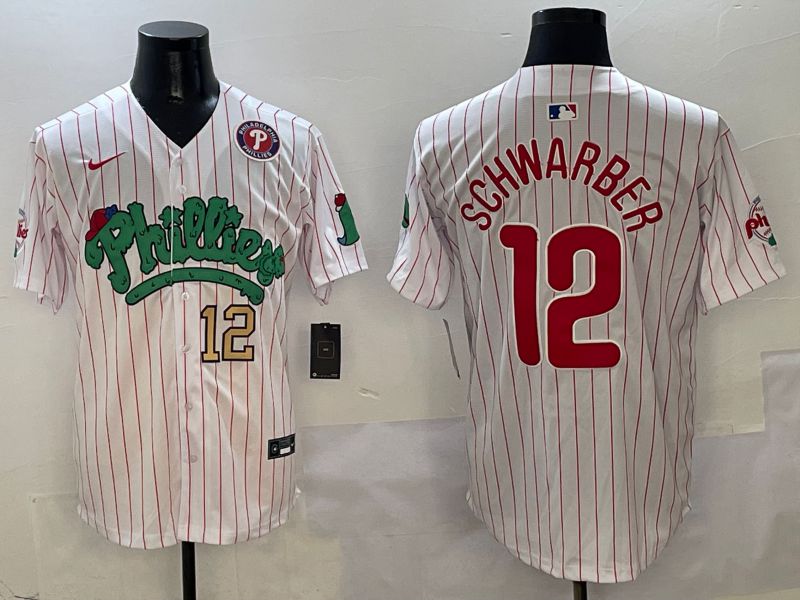 Men Philadelphia Phillies #12 Schwarber White Stripe Fourth generation Joint Name Nike 2025 MLB Jersey style 5